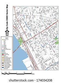 Vector map with summits, rivers, railroads, streets, lakes, parks, airports, stadiums, correctional facilities, military installations and federal lands by zip code 23605 with labels and clean layers.