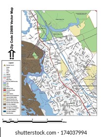 Vector map with summits, rivers, railroads, streets, lakes, parks, airports, stadiums, correctional facilities, military installations and federal lands by zip code 23608 with labels and clean layers.