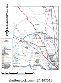 Vector map with summits, rivers, railroads, streets, lakes, parks, airports, stadiums, correctional facilities, military installations and federal lands by zip code 23060 with labels and clean layers.