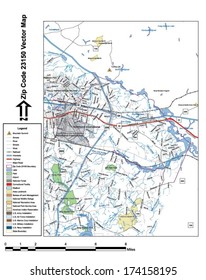 Vector map with summits, rivers, railroads, streets, lakes, parks, airports, stadiums, correctional facilities, military installations and federal lands by zip code 23150 with labels and clean layers.