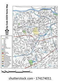 Vector map with summits, rivers, railroads, streets, lakes, parks, airports, stadiums, correctional facilities, military installations and federal lands by zip code 23235 with labels and clean layers.