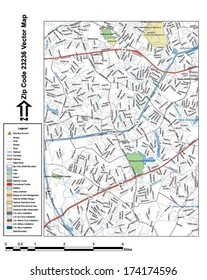 Vector map with summits, rivers, railroads, streets, lakes, parks, airports, stadiums, correctional facilities, military installations and federal lands by zip code 23236 with labels and clean layers.