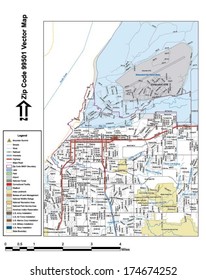 Vector map with summits, rivers, railroads, streets, lakes, parks, airports, stadiums, correctional facilities, military installations and federal lands by zip code 99501 with labels and clean layers.