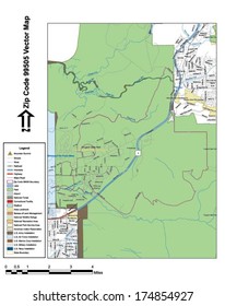 Vector map with summits, rivers, railroads, streets, lakes, parks, airports, stadiums, correctional facilities, military installations and federal lands by zip code 99505 with labels and clean layers.