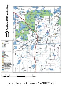 Vector map with summits, rivers, railroads, streets, lakes, parks, airports, stadiums, correctional facilities, military installations and federal lands by zip code 48118 with labels and clean layers.