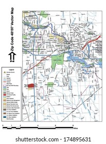Vector map with summits, rivers, railroads, streets, lakes, parks, airports, stadiums, correctional facilities, military installations and federal lands by zip code 48197 with labels and clean layers.