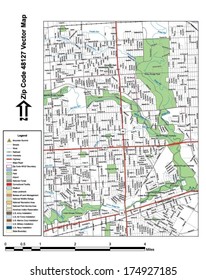 Vector map with summits, rivers, railroads, streets, lakes, parks, airports, stadiums, correctional facilities, military installations and federal lands by zip code 48127 with labels and clean layers.