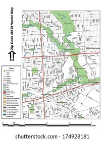 Vector map with summits, rivers, railroads, streets, lakes, parks, airports, stadiums, correctional facilities, military installations and federal lands by zip code 48128 with labels and clean layers.