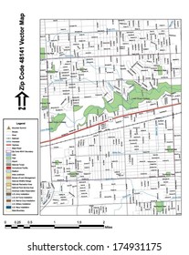 Vector map with summits, rivers, railroads, streets, lakes, parks, airports, stadiums, correctional facilities, military installations and federal lands by zip code 48141 with labels and clean layers.