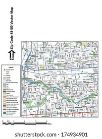 Vector map with summits, rivers, railroads, streets, lakes, parks, airports, stadiums, correctional facilities, military installations and federal lands by zip code 48150 with labels and clean layers.