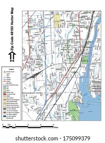 Vector map with summits, rivers, railroads, streets, lakes, parks, airports, stadiums, correctional facilities, military installations and federal lands by zip code 48183 with labels and clean layers.