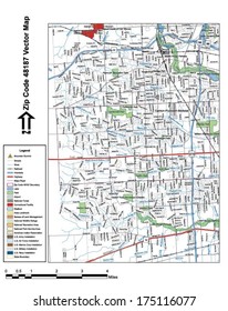 Vector map with summits, rivers, railroads, streets, lakes, parks, airports, stadiums, correctional facilities, military installations and federal lands by zip code 48187 with labels and clean layers.
