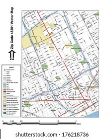 Vector map with summits, rivers, railroads, streets, lakes, parks, airports, stadiums, correctional facilities, military installations and federal lands by zip code 48201 with labels and clean layers.