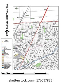 Vector map with summits, rivers, railroads, streets, lakes, parks, airports, stadiums, correctional facilities, military installations and federal lands by zip code 48205 with labels and clean layers.