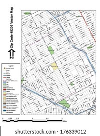 Vector map with summits, rivers, railroads, streets, lakes, parks, airports, stadiums, correctional facilities, military installations and federal lands by zip code 48206 with labels and clean layers.