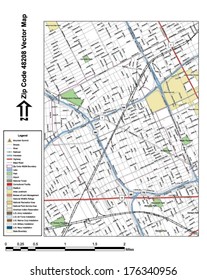 Vector map with summits, rivers, railroads, streets, lakes, parks, airports, stadiums, correctional facilities, military installations and federal lands by zip code 48208 with labels and clean layers.
