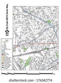 Vector map with summits, rivers, railroads, streets, lakes, parks, airports, stadiums, correctional facilities, military installations and federal lands by zip code 48210 with labels and clean layers.