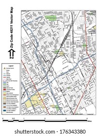 Vector map with summits, rivers, railroads, streets, lakes, parks, airports, stadiums, correctional facilities, military installations and federal lands by zip code 48211 with labels and clean layers.