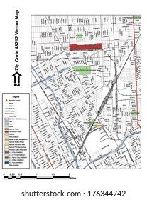 Vector map with summits, rivers, railroads, streets, lakes, parks, airports, stadiums, correctional facilities, military installations and federal lands by zip code 48212 with labels and clean layers.