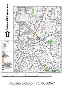 Vector map with summits, rivers, railroads, streets, lakes, parks, airports, stadiums, correctional facilities, military installations and federal lands by zip code 48213 with labels and clean layers.