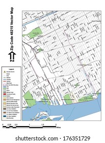 Vector map with summits, rivers, railroads, streets, lakes, parks, airports, stadiums, correctional facilities, military installations and federal lands by zip code 48215 with labels and clean layers.