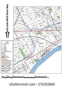 Vector map with summits, rivers, railroads, streets, lakes, parks, airports, stadiums, correctional facilities, military installations and federal lands by zip code 48216 with labels and clean layers.
