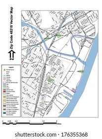 Vector map with summits, rivers, railroads, streets, lakes, parks, airports, stadiums, correctional facilities, military installations and federal lands by zip code 48218 with labels and clean layers.