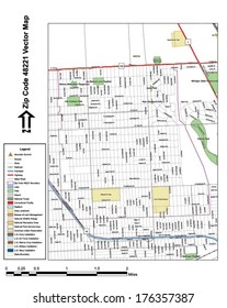 Vector map with summits, rivers, railroads, streets, lakes, parks, airports, stadiums, correctional facilities, military installations and federal lands by zip code 48221 with labels and clean layers.