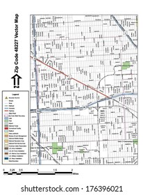 Vector map with summits, rivers, railroads, streets, lakes, parks, airports, stadiums, correctional facilities, military installations and federal lands by zip code 48227 with labels and clean layers.