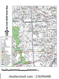 Vector map with summits, rivers, railroads, streets, lakes, parks, airports, stadiums, correctional facilities, military installations and federal lands by zip code 48228 with labels and clean layers.