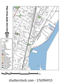 Vector map with summits, rivers, railroads, streets, lakes, parks, airports, stadiums, correctional facilities, military installations and federal lands by zip code 48229 with labels and clean layers.