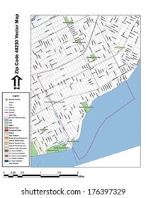 Vector map with summits, rivers, railroads, streets, lakes, parks, airports, stadiums, correctional facilities, military installations and federal lands by zip code 48230 with labels and clean layers.