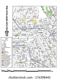 Vector map with summits, rivers, railroads, streets, lakes, parks, airports, stadiums, correctional facilities, military installations and federal lands by zip code 48238 with labels and clean layers.