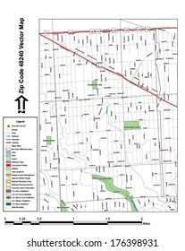 Vector map with summits, rivers, railroads, streets, lakes, parks, airports, stadiums, correctional facilities, military installations and federal lands by zip code 48240 with labels and clean layers.