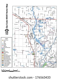 Vector map with summits, rivers, railroads, streets, lakes, parks, airports, stadiums, correctional facilities, military installations and federal lands by zip code 49345 with labels and clean layers.