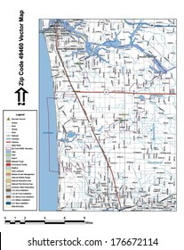 Vector map with summits, rivers, railroads, streets, lakes, parks, airports, stadiums, correctional facilities, military installations and federal lands by zip code 49460 with labels and clean layers.