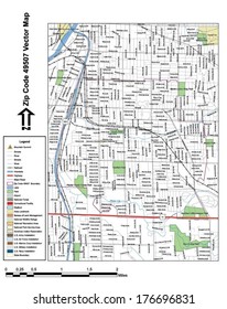Vector map with summits, rivers, railroads, streets, lakes, parks, airports, stadiums, correctional facilities, military installations and federal lands by zip code 49507 with labels and clean layers.