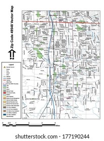 Vector map with summits, rivers, railroads, streets, lakes, parks, airports, stadiums, correctional facilities, military installations and federal lands by zip code 49548 with labels and clean layers.