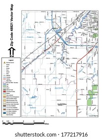 Vector map with summits, rivers, railroads, streets, lakes, parks, airports, stadiums, correctional facilities, military installations and federal lands by zip code 48821 with labels and clean layers.