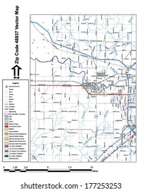 Vector map with summits, rivers, railroads, streets, lakes, parks, airports, stadiums, correctional facilities, military installations and federal lands by zip code 48837 with labels and clean layers.