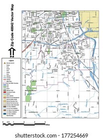 Vector map with summits, rivers, railroads, streets, lakes, parks, airports, stadiums, correctional facilities, military installations and federal lands by zip code 48842 with labels and clean layers.