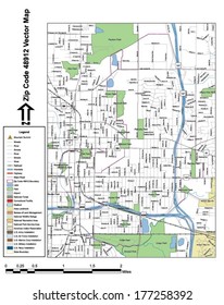 Vector map with summits, rivers, railroads, streets, lakes, parks, airports, stadiums, correctional facilities, military installations and federal lands by zip code 48912 with labels and clean layers.