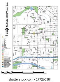 Vector map with summits, rivers, railroads, streets, lakes, parks, airports, stadiums, correctional facilities, military installations and federal lands by zip code 48915 with labels and clean layers.