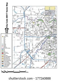 Vector map with summits, rivers, railroads, streets, lakes, parks, airports, stadiums, correctional facilities, military installations and federal lands by zip code 48917 with labels and clean layers.