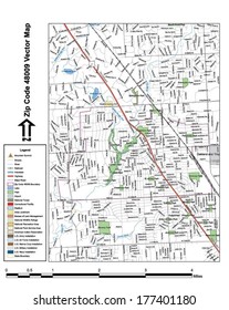 Vector map with summits, rivers, railroads, streets, lakes, parks, airports, stadiums, correctional facilities, military installations and federal lands by zip code 48009 with labels and clean layers.