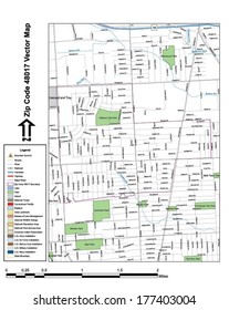 Vector map with summits, rivers, railroads, streets, lakes, parks, airports, stadiums, correctional facilities, military installations and federal lands by zip code 48017 with labels and clean layers.