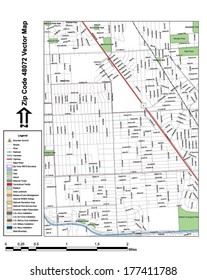 Vector map with summits, rivers, railroads, streets, lakes, parks, airports, stadiums, correctional facilities, military installations and federal lands by zip code 48072 with labels and clean layers.