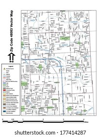 Vector map with summits, rivers, railroads, streets, lakes, parks, airports, stadiums, correctional facilities, military installations and federal lands by zip code 48083 with labels and clean layers.