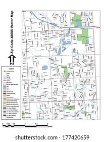 Vector map with summits, rivers, railroads, streets, lakes, parks, airports, stadiums, correctional facilities, military installations and federal lands by zip code 48085 with labels and clean layers.