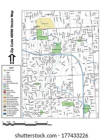 Vector map with summits, rivers, railroads, streets, lakes, parks, airports, stadiums, correctional facilities, military installations and federal lands by zip code 48098 with labels and clean layers.
